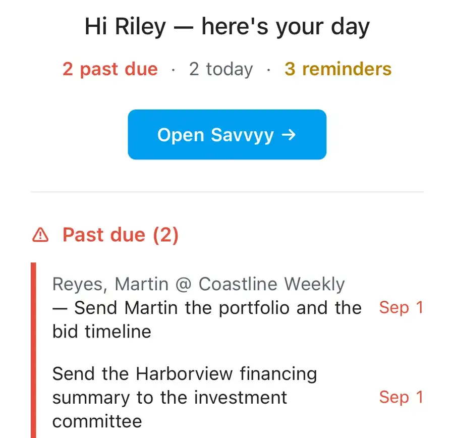 The morning digest on a phone: two past due, two today, three reminders, and the past-due items named